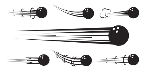 Flying balls for bowling with traces of air currents. Speed curve motion flow. Orb strikes. Track effect. Championship hit and pass. Movement trajectory. Vector set of black silhouettes © VectorBum