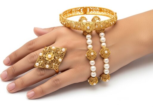 Elegant gold traditional maang tikka and nose ring set on hand isolated on white background