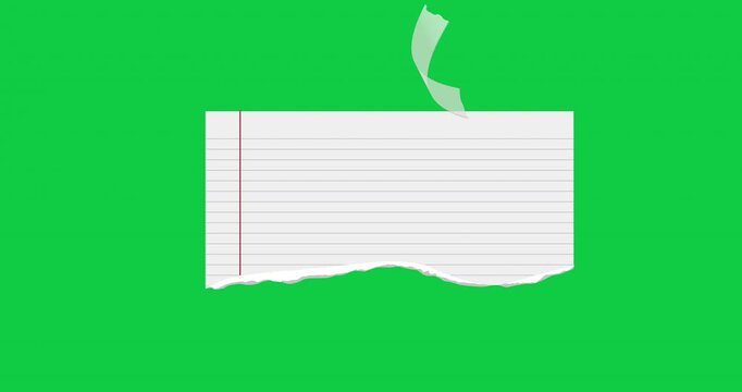 Lined note sheets of paper, rip piece with torn adges. Animated paper pieces with sticky tape stuck on green. Blank mockup for text for presentation, advertising, website. 4K video graphic