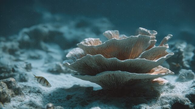 Underwater reef ecosystem with fish among corals