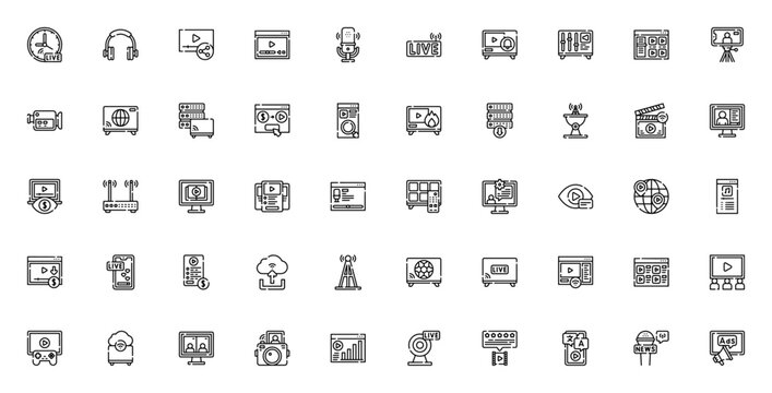 Online streaming icon set. Minimal thin line vector icons pack. Includes symbols for live, headphones, video player, microphone, share, podcast, subscription, gaming, monetize and more.