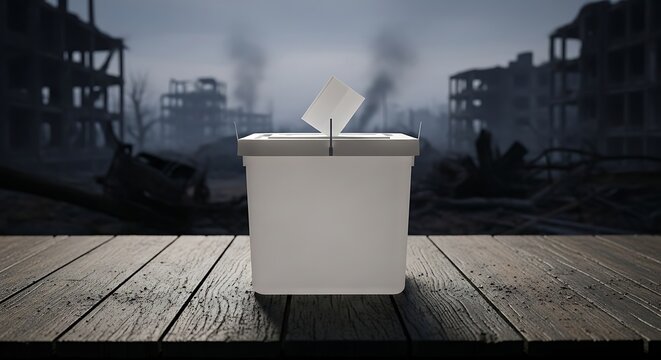 Single white ballot box on a dark wooden table in front of a ruined war-torn city landscape concept of democratic election