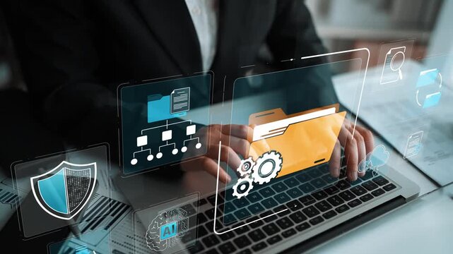 Business Professional Working on Laptop with Digital Interface Showing Technology Icons for Data Management and Innovation in Office Environment Sigmoid