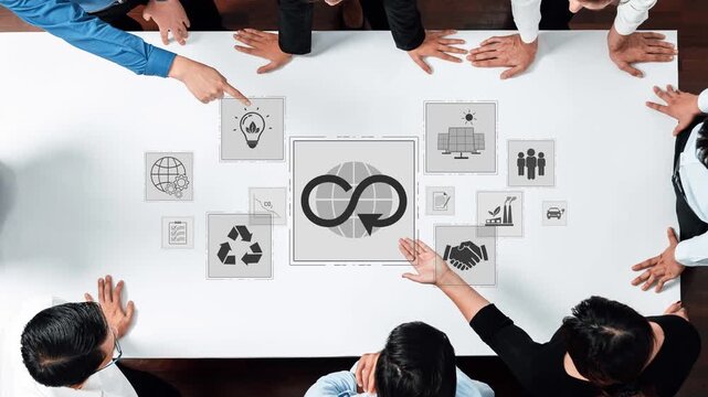 Team Collaboration and Innovation with Business Strategies and Sustainability Concept represented in an Office Setting. Raster.