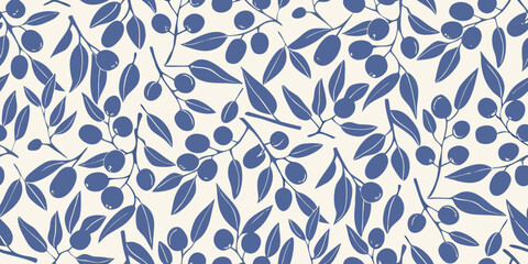 Blueberry branch and berry seamless pattern on white background © Huraya
