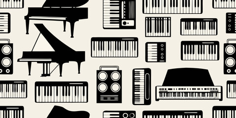 Seamless pattern of black piano keys and musical instruments © Huraya
