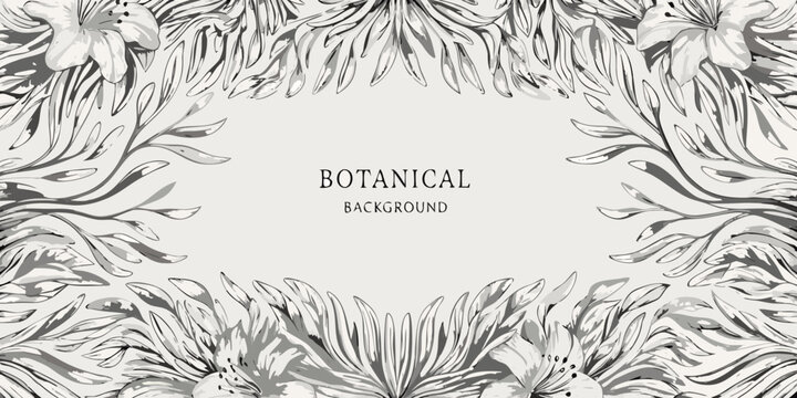 Floral frame with lily flowers grayscale botanical illustration