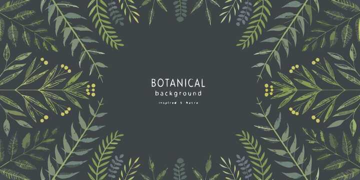 Botanical illustration with fern and leaf elements on dark background