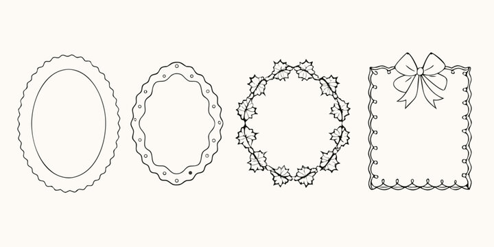 holiday decorative frames hand drawn line art set