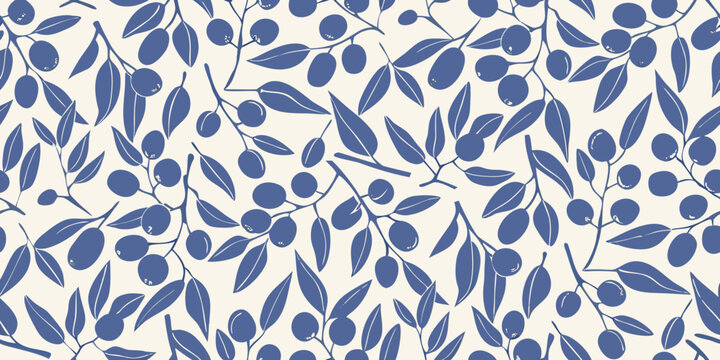 Blueberry branch and berry seamless pattern on white background