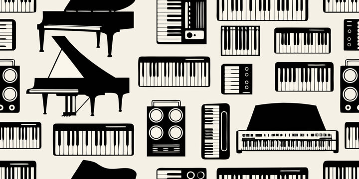 Seamless pattern of black piano keys and musical instruments