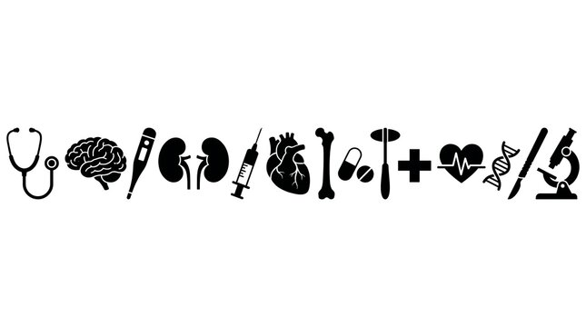 Set of medical and healthcare icons including stethoscope brain kidney syringe heart and microscope in minimalist black style