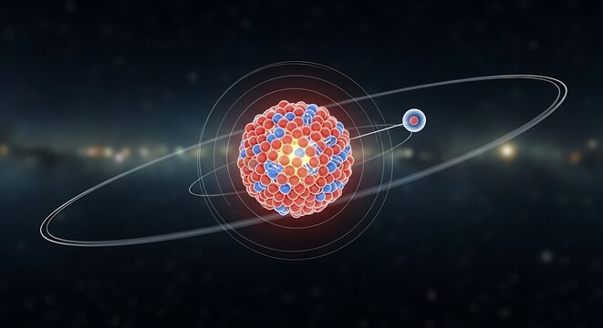 Scientific 3D render of an atom model with a central nucleus and orbiting electrons against a blurred dark blue background