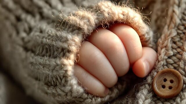 Close-up of a newborn's small hand peeking from a warm, cozy, knitted brown sweater sleeve