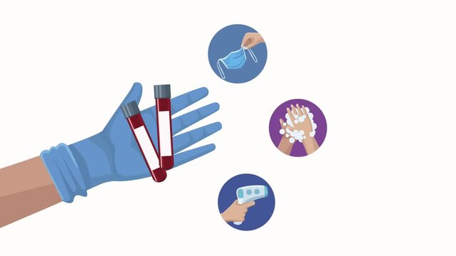 Doctor shows blood test tubes near icons of medical precautions and thermometer.