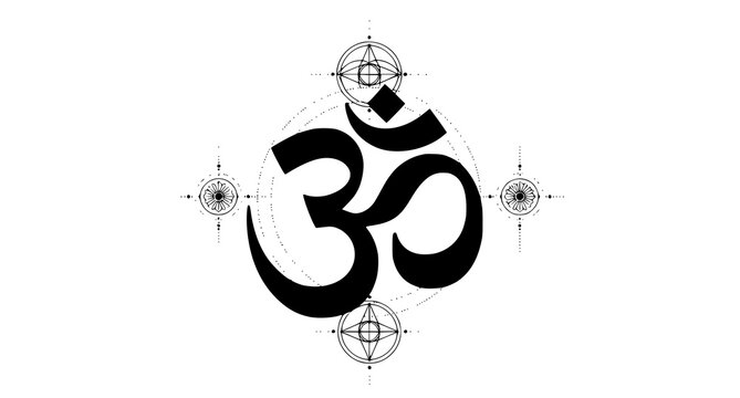 Om symbol with geometric and floral embellishments black and white om symbol