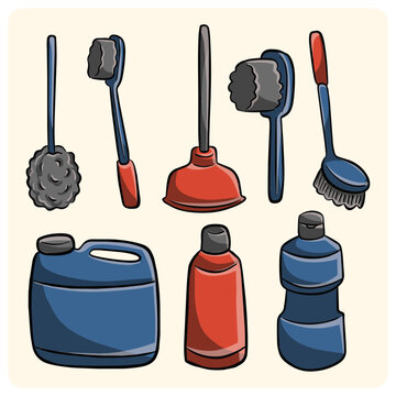 Cleaning equipment and sanitary products colorful doodle set