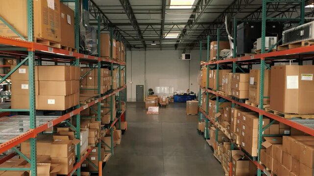 Rows of cardboard boxes stacked high on industrial warehouse shelving units