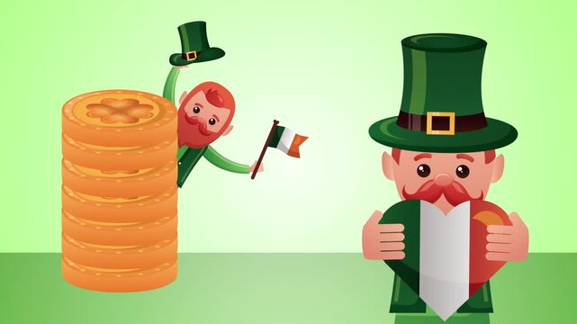St patrick s day celebration with leprechauns, coins, and irish flag, festive dynamic motion clip.