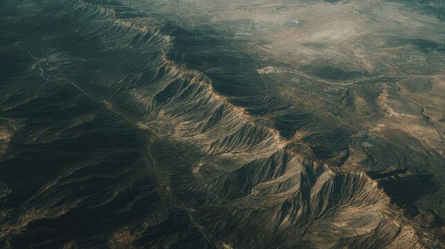 Rugged mountain ranges emerge from a sprawling arid valley, their textured slopes creating compelling patterns across the expansive natural terrain under distant hazy skies