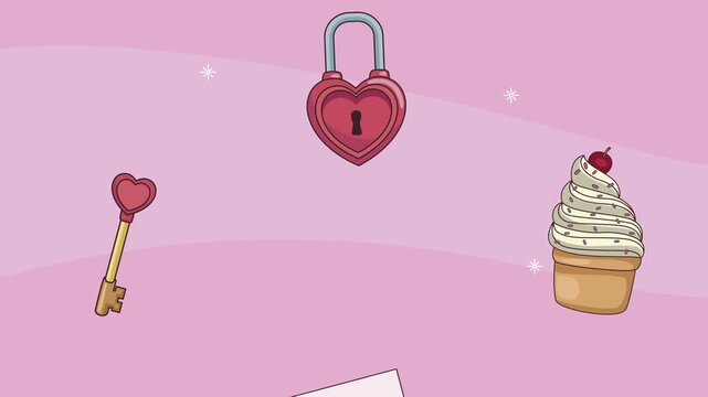 Animated valentines day background featuring falling love letters heart locks cupcakes and keys on pink backdrop.