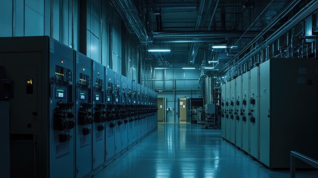 Industrial facility featuring rows of electrical switchgear cabinets and control panels managing power distribution. Representing technology. Automation. And infrastructure in a modern energy setting