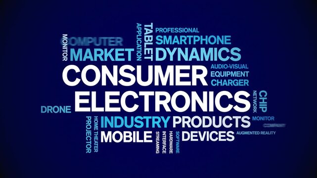 Consumer Electronics animated word cloud-gross domestic product animation tag kinetic typography seamless loop.
