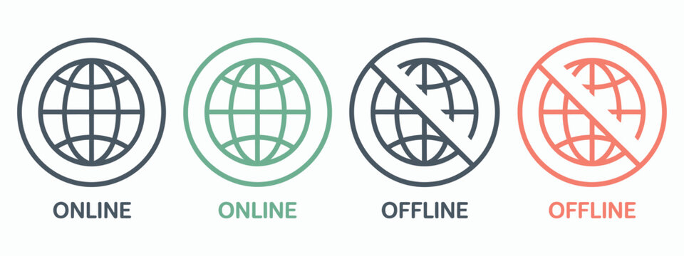 Online and Offline Internet Icons with Red and Green Connection Status for Digital Network Interface Vector Illustration