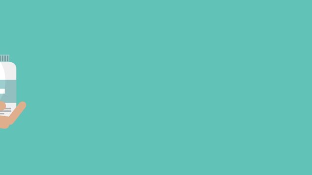 Flat design animation of doctor hand holding medical pill bottle and syrup medicine on teal background.