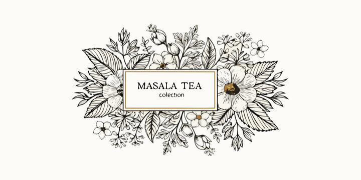 Floral frame with text for masala tea collection botanical illustration