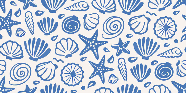 Blue seashell pattern on white background seamless nautical design