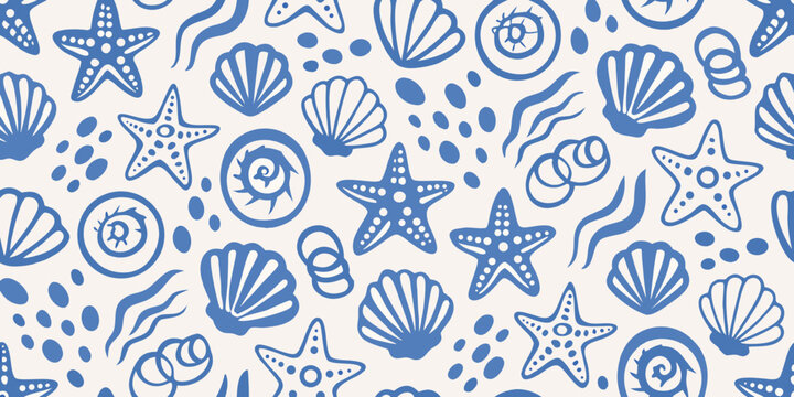 Blue seashell and starfish seamless pattern on white background