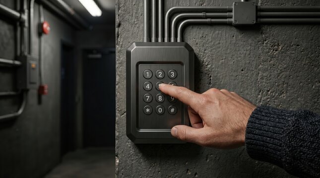Hand presses button on metallic keypad mounted on textured concrete wall