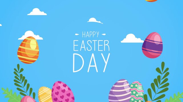 Animated happy easter day greeting with colorful decorated eggs and foliage.