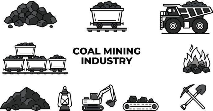 Coal mining industry icon set with carts, excavator, conveyor belt, lantern, fire, and tools