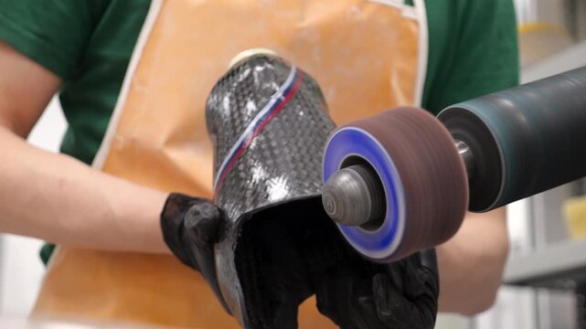 Technician sanding carbon fiber prosthetic leg socket