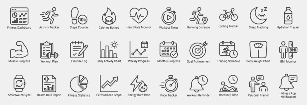 Fitness Tracking and Activity Analytics Line Icons Set: Vector pictograms for Fitness Dashboard, Activity Tracker, Steps Counter, Calories Burned, Heart Rate Monitor, Workout Timer, Running, and more.