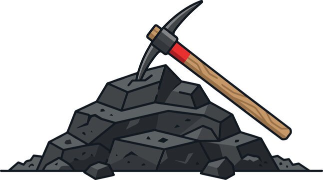 Coal pile with embedded pickaxe symbolizing mining, excavation, and resource extraction