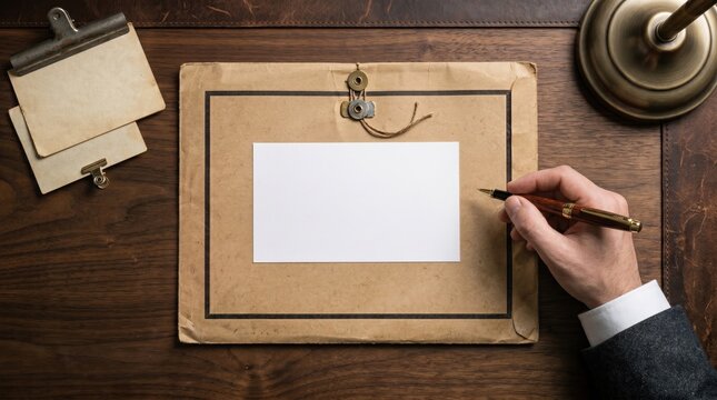 Hand holding a fountain pen poised to write on a blank card over a vintage folder on a wooden desk