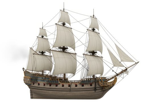 Elegant 18th-century sailing warship with three masts and billowing sails isolated on white background