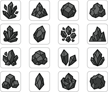 Crystal and mineral icon grid with stylized geometric formations