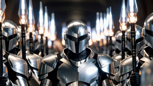 Army of imposing futuristic soldiers wearing shiny silver armor and helmets standing in formation while holding glowing spears, ready for battle in a science fiction setting