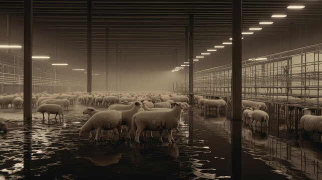 Sheep are standing in a flooded industrial building, creating an eerie, surreal scene exploring concepts of animal welfare, conformity, and mass production in a warehouse setting