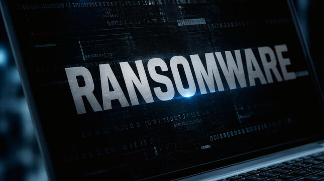 ominous ransomware concept with metallic silver font on dark digital grid high contrast photography urgent cyber threat modern sans serif text blue glow depth of field tech security