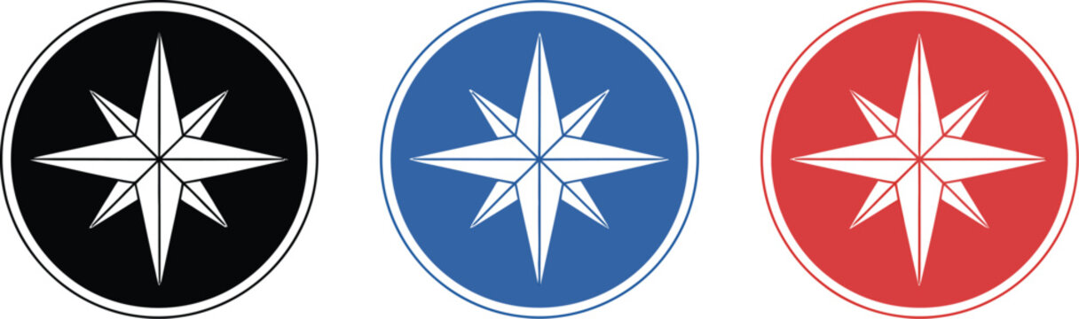 Compass star, navigation badge vector icons set, multiple color vector collection of navigation compass symbols for travel direction map UI and location design systems.