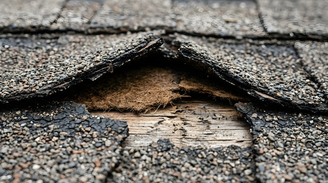 Damaged asphalt shingles with roof deck exposure | Delaminated roof shingles requiring urgent repair | Weathered roofing material with severe granule loss | Residential roof inspection 