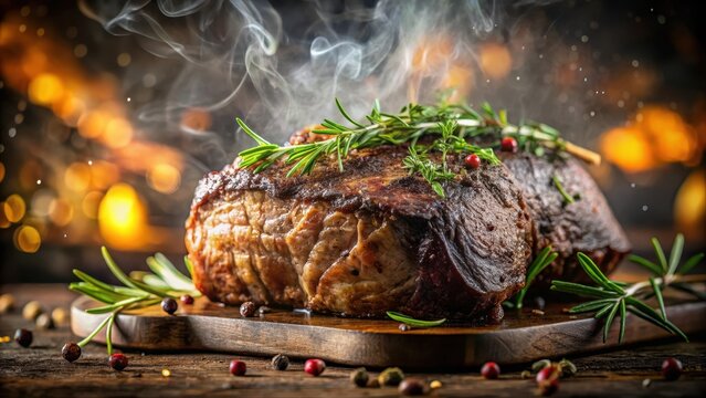 A realistic photo of Roasted beef in oven with steam and sprinkled herbs