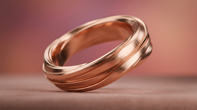 elegant rose gold ring with textured design | luxury jewelry macro photography on pink background | contemporary wedding band with unique spiral engraving | cinematic render of a modern copper ring