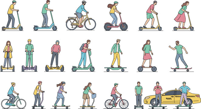 Modern urban transportation vector set featuring people riding electric scooters, bicycles, hoverboards, and skateboards for city commuting and eco-friendly travel concepts.