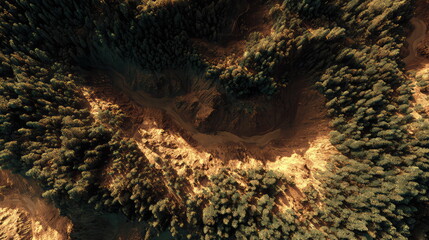 Fototapeta premium Forested mountain canyon winding through a rugged landscape, showing dense evergreen trees covering slopes and casting long shadows under the warm light of a setting sun